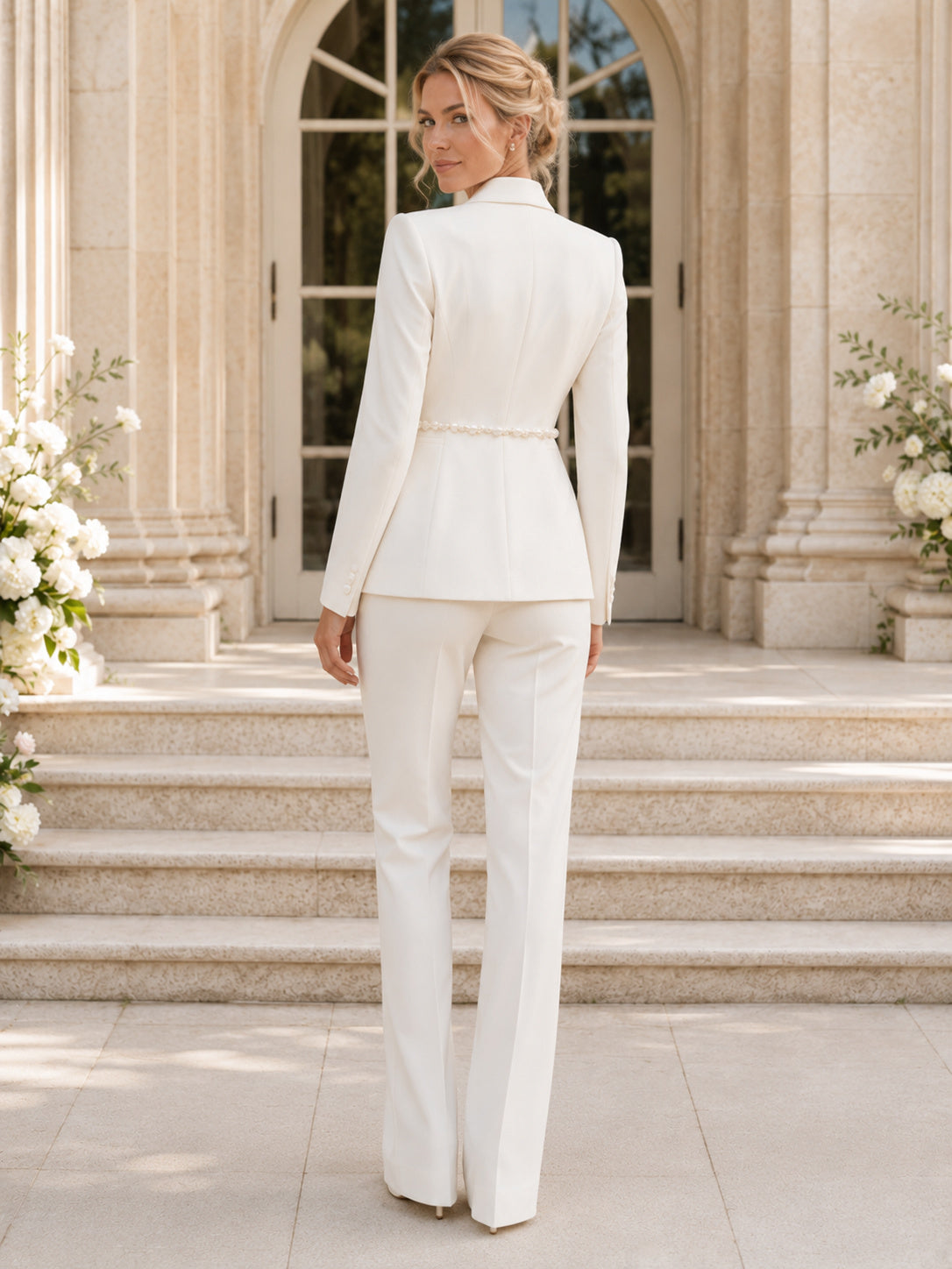Modern Notched Long Sleeve Tailored Two Piece Courthouse Wedding Pantsuit back view