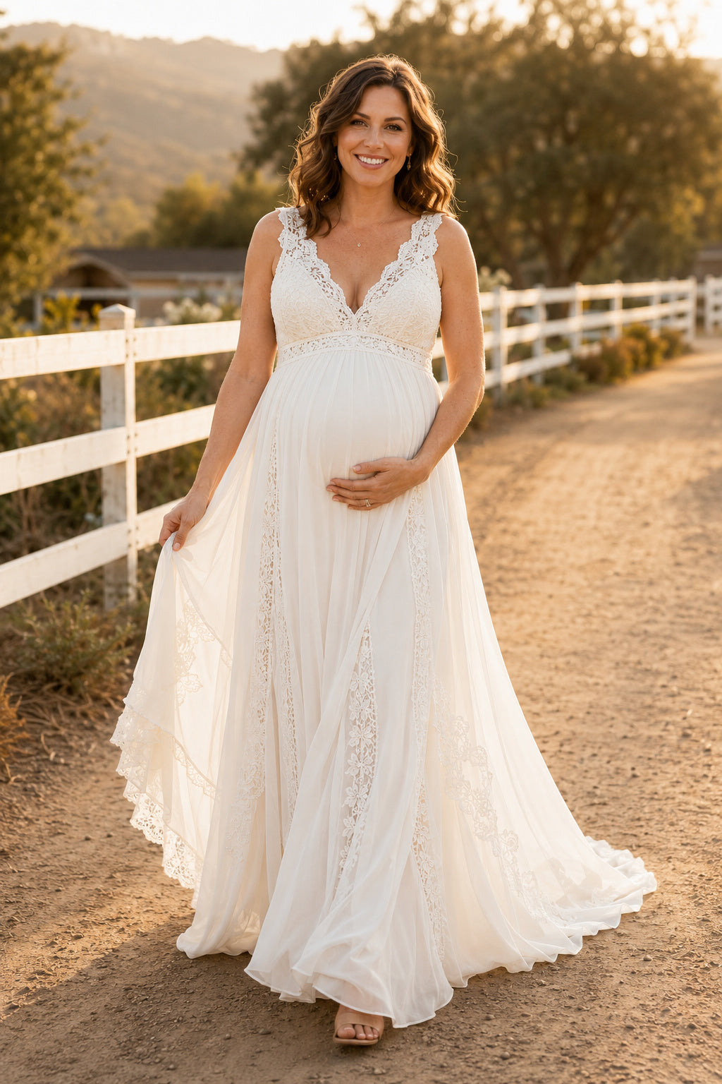 Ivory Maternity V-Neck Sleeveless Lace A-Line Wedding Dress with Flowing Train front view