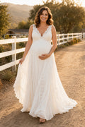 Ivory Maternity V-Neck Sleeveless Lace A-Line Wedding Dress with Flowing Train front view