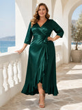 Dark Green V Neck Three Quarter Sleeve Satin High Low Plus Size Guest Dress front view