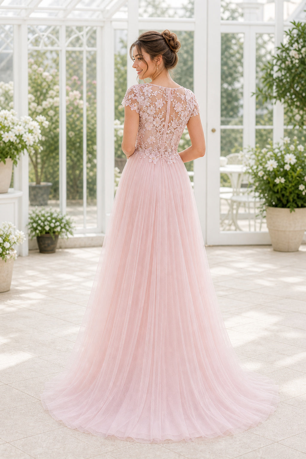 White Illusion A-Line Satin Floor-length Wedding Dress With Beaded Waist and Floral Appliques Lace Hem Detail
