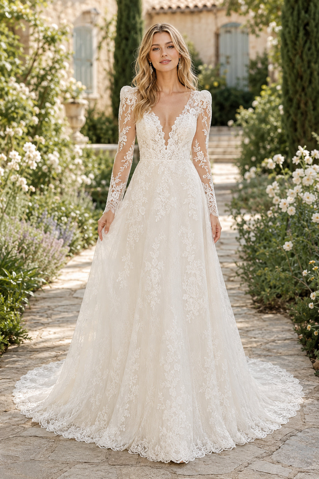 Ivory Long Sleeve Illusion Lace A-Line Wedding Dress with V-Neck and Train front view