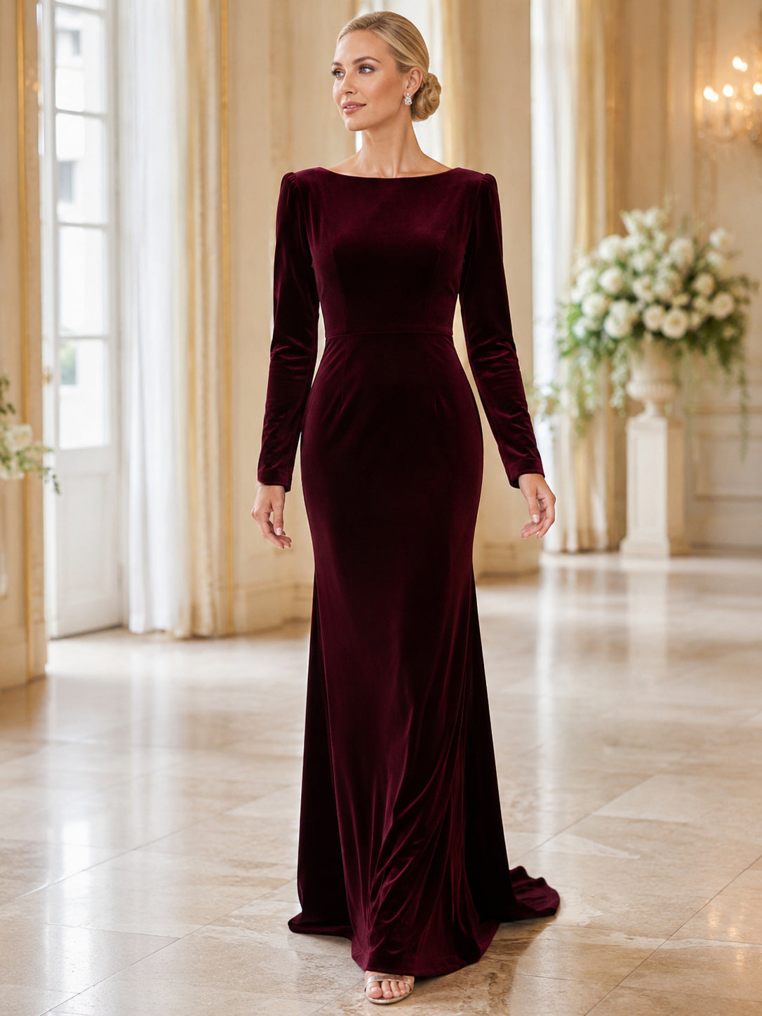 Burgundy High Back Velvet Long Sleeve Formal Dress front view