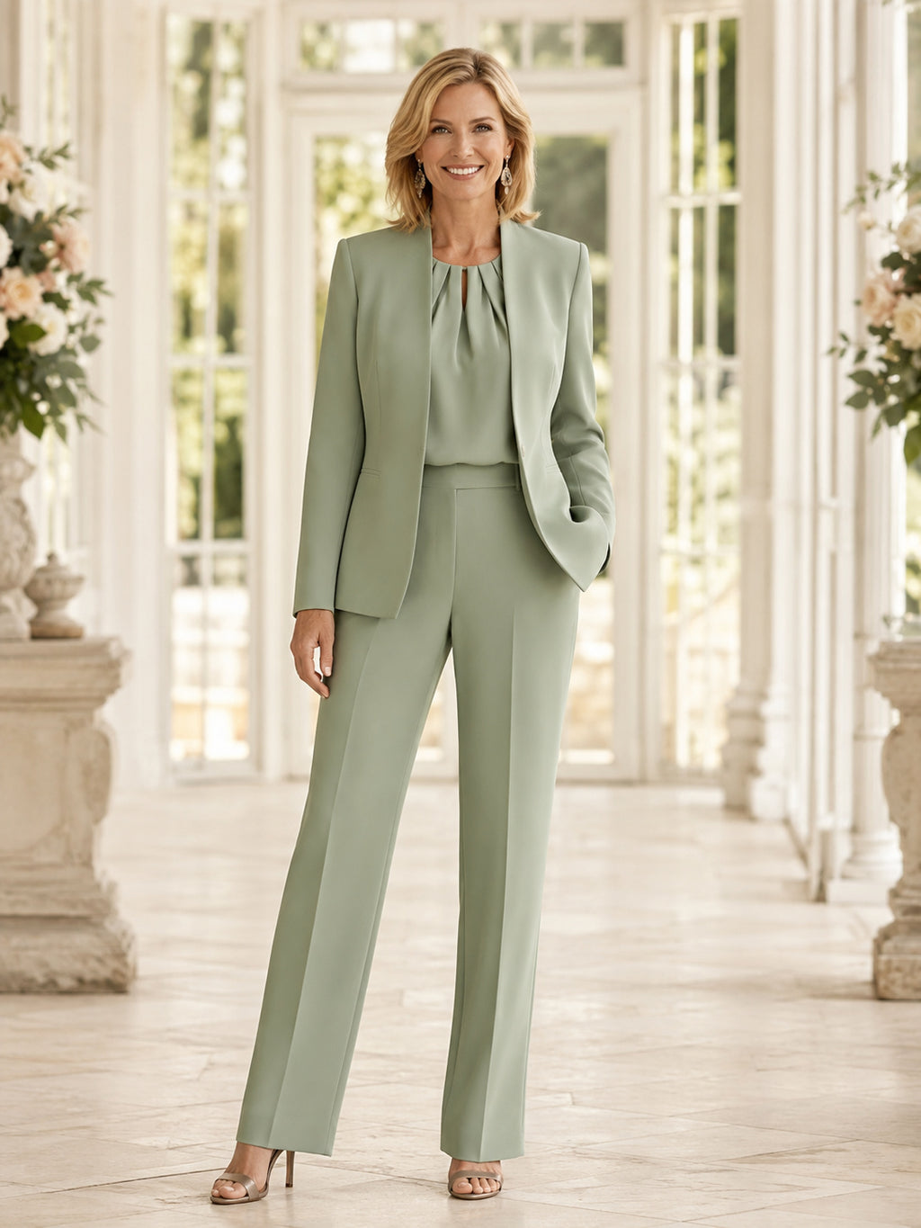 Sage Straight-Leg Modest Mother of the Bride Pantsuit with Pleated Jewel Neck Top Long-Sleeve Open Blazer and Full-Length Tro