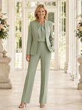 Sage Straight-Leg Modest Mother of the Bride Pantsuit with Pleated Jewel Neck Top Long-Sleeve Open Blazer and Full-Length Tro