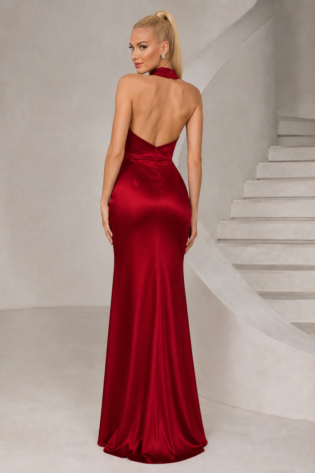 Red halter satin sheath gown with open back and clean fitted skirt Floor-length Sheath Formal Dress back view