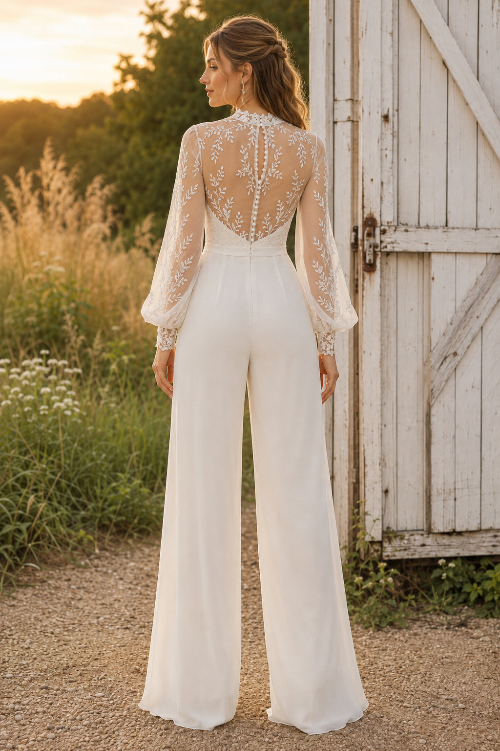 Ivory Sweetheart Bishop Sleeve Lace Satin Floor-Length Bridal Jumpsuit with Bishop Lace Sleeves and Wide Leg Pants back view