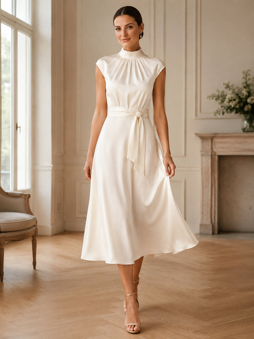 Ivory High Neck Cap Sleeve Satin A Line Midi Dress front view