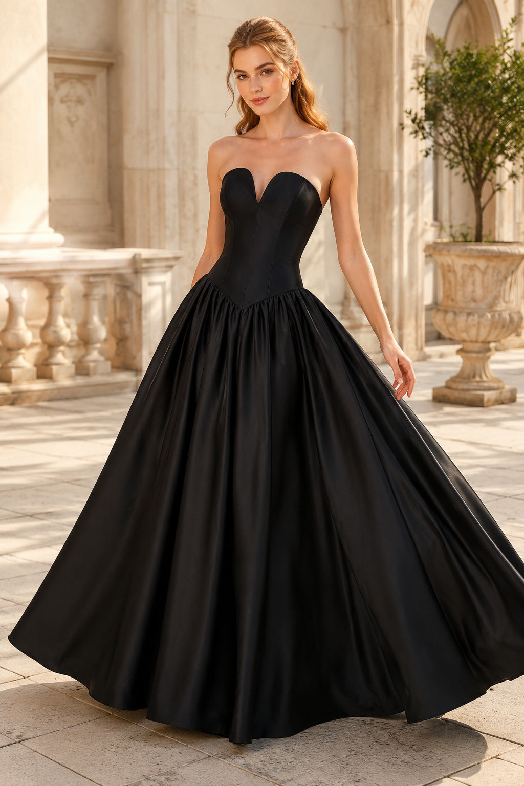 Prom Dress Black Satin Ball Gown Strapless Sweetheart Floor Length front view