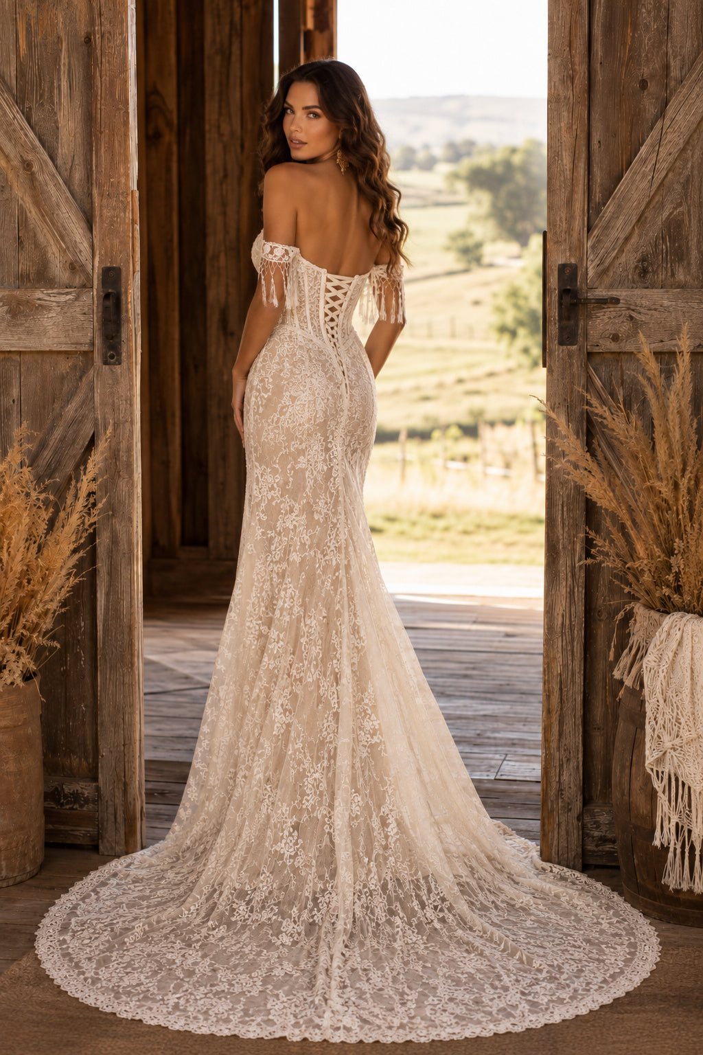 Ivory Off Shoulder Lace Mermaid Wedding Dress Split Chapel Train for Wedding Ceremony and Reception Style MG_701419 back view