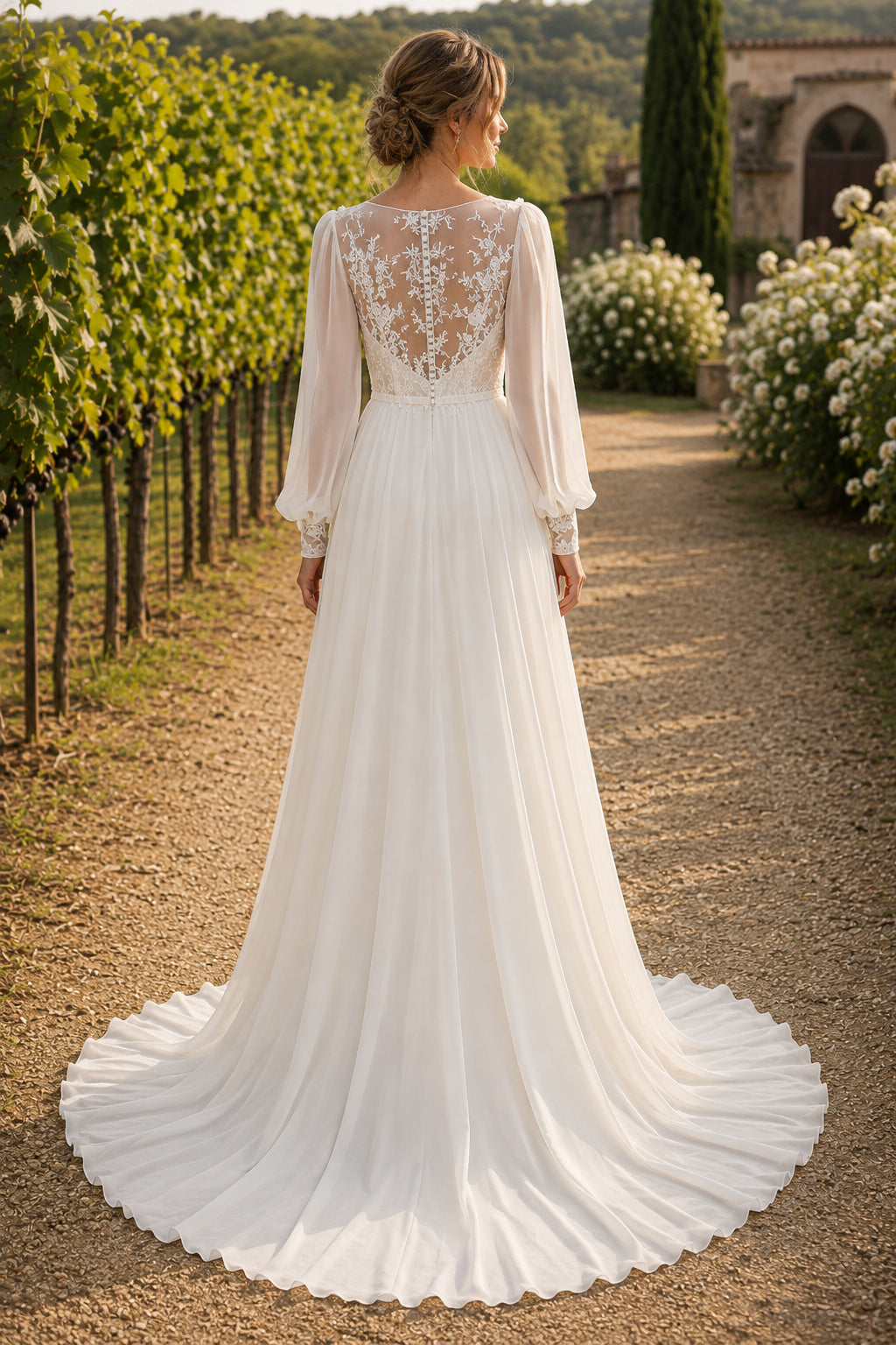 Ivory Jewel Neck Long Sleeve Chiffon A-Line Wedding Dress with Illusion Back back view