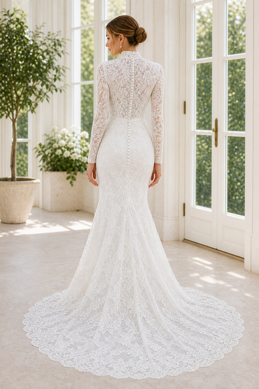 White Bateau Three-Quarter Sleeves A-Line Chiffon Floor-length Wedding Dress With Lace Bodice and Sweep Train and Open Back