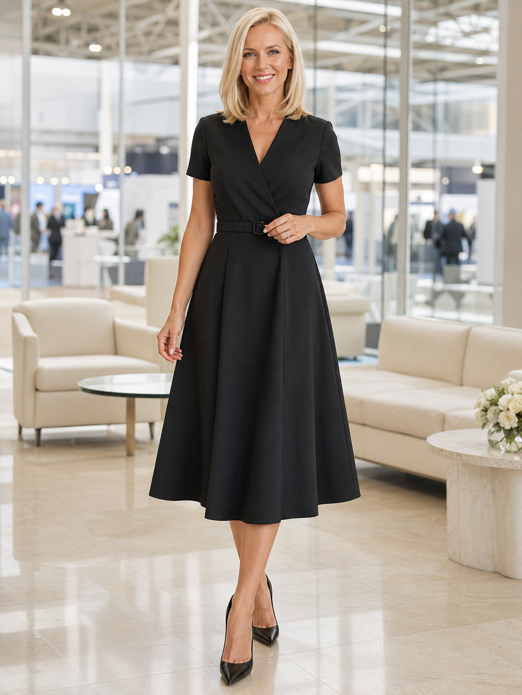 Black short sleeve V-neck A-line midi trade show dress front view