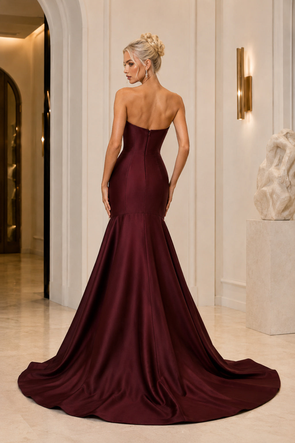 Burgundy Strapless Burgundy Satin Mermaid Gown with Dramatic Sweep Train Floor Length And Sweep/Brush Train Mermaid Trumpet P