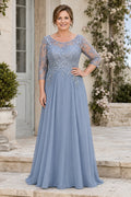 Steel Blue Chiffon A-Line Mother Dress with Lace Three Quarter Sleeves front view
