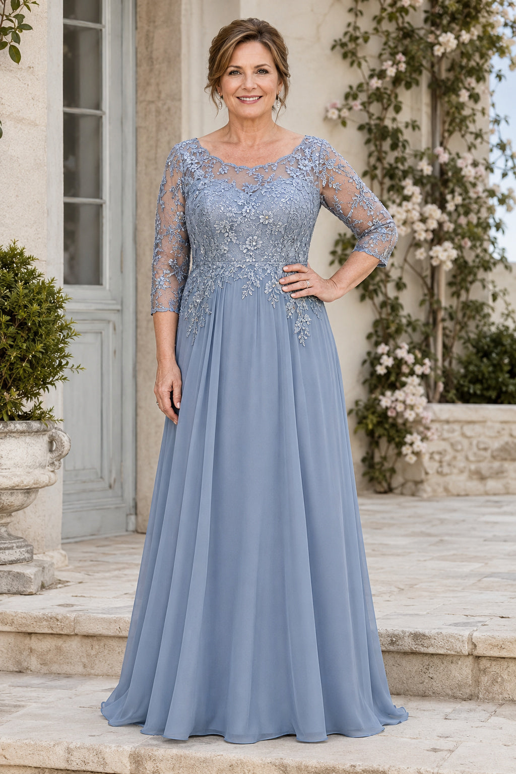Steel Blue Chiffon A-Line Mother Dress with Lace Three Quarter Sleeves front view