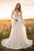 Ivory Long Sleeve Lace A-Line Wedding Dress with Plunging V-Neck and Chapel Train front view