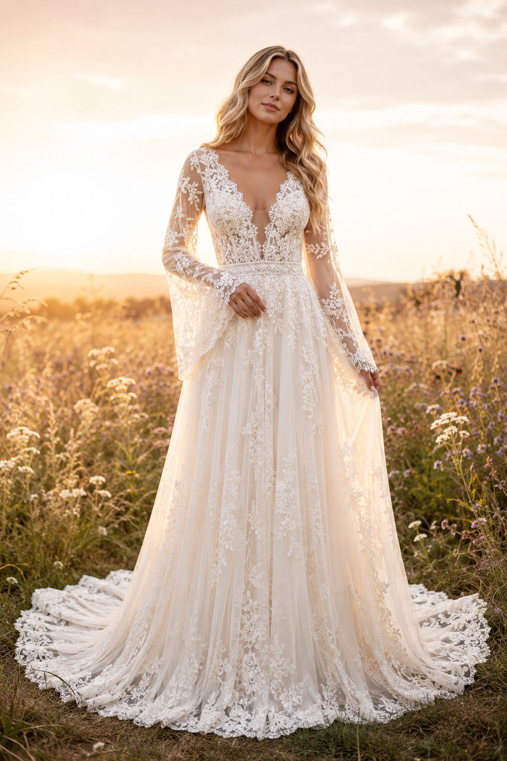 Ivory Long Sleeve Lace A-Line Wedding Dress with Plunging V-Neck and Chapel Train front view