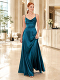 Teal Cowl Neck Spaghetti Strap Satin Floor Length Gown front view