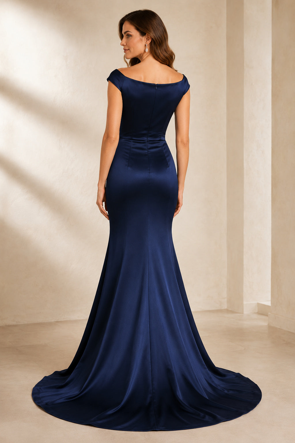 Dark Navy bateau neck cap sleeve stretch satin mermaid gown with sweep train Floor-length And Sweep/Brush Train Mermaid Trump