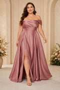 Dusty Rose Plus Size Off-the-Shoulder Satin A-Line Formal Dress with Side Split and Ruching front view
