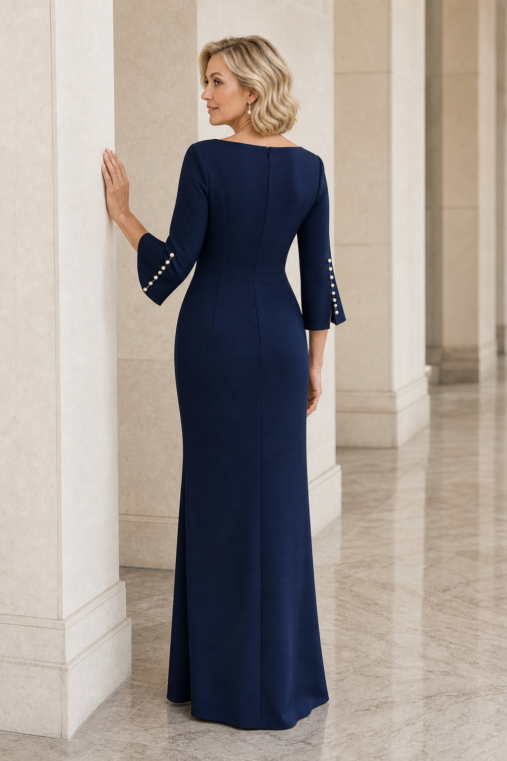 Navy Bateau Long Sleeve Sheath Floor-Length Dress With Beaded Sleeve Detail