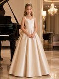 Flower Girl Dress Champagne Satin Ball Gown Sleeveless Scoop Neck Floor Length Satin Sash Bow Back front view