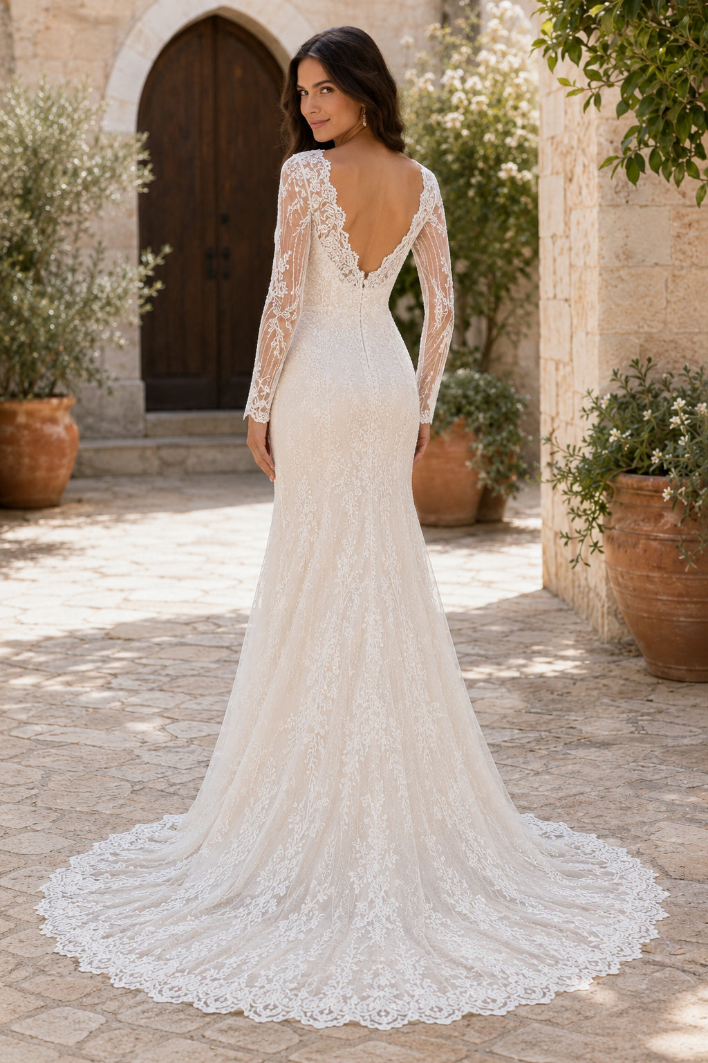 Ivory Long Sleeve Mermaid Lace Wedding Dress with Plunging V-Neck and Low Back back view