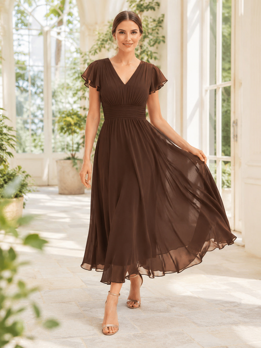Chocolate Brown Flutter Sleeve Chiffon Tea Length A Line Guest Dress front view
