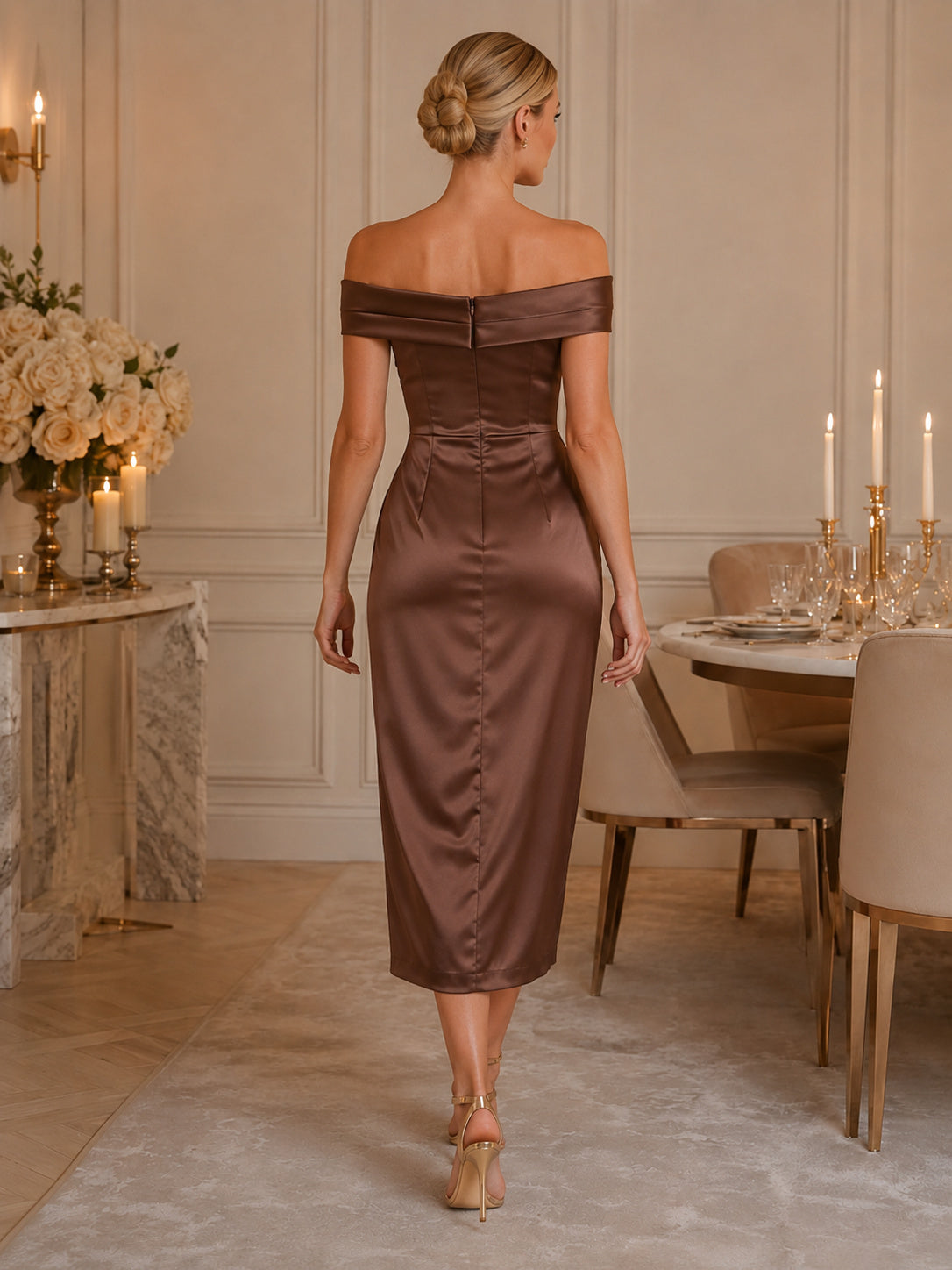 Mocha off shoulder satin wrap sheath midi cocktail dress back view
