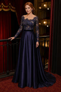 Navy Bateau Long Sleeve A-Line Satin Floor-Length Dress With Lace Bodice
