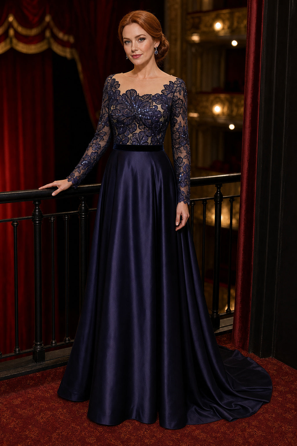 Navy Bateau Long Sleeve A-Line Satin Floor-Length Dress With Lace Bodice
