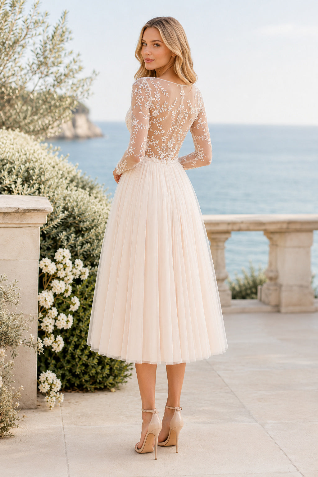 Blushing Pink Illusion Sweetheart Neck Long Sleeve Lace Tulle Tea-Length Wedding Dress with Blush Tulle Skirt and Lace Sleeve