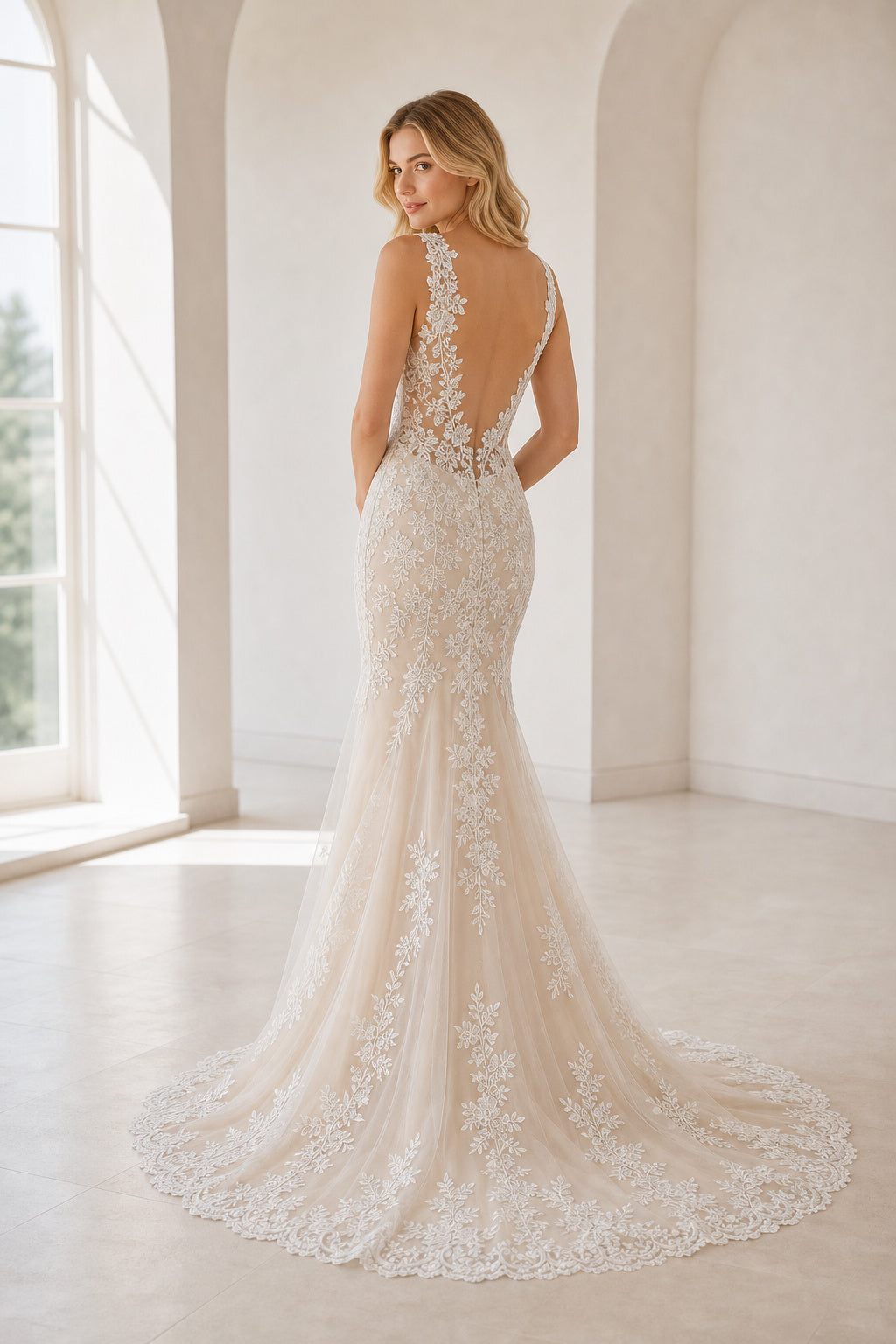 White Sweetheart A-Line Lace Floor-length Wedding Dress With Lace and Open Back and Open Back Lace Hem Detail