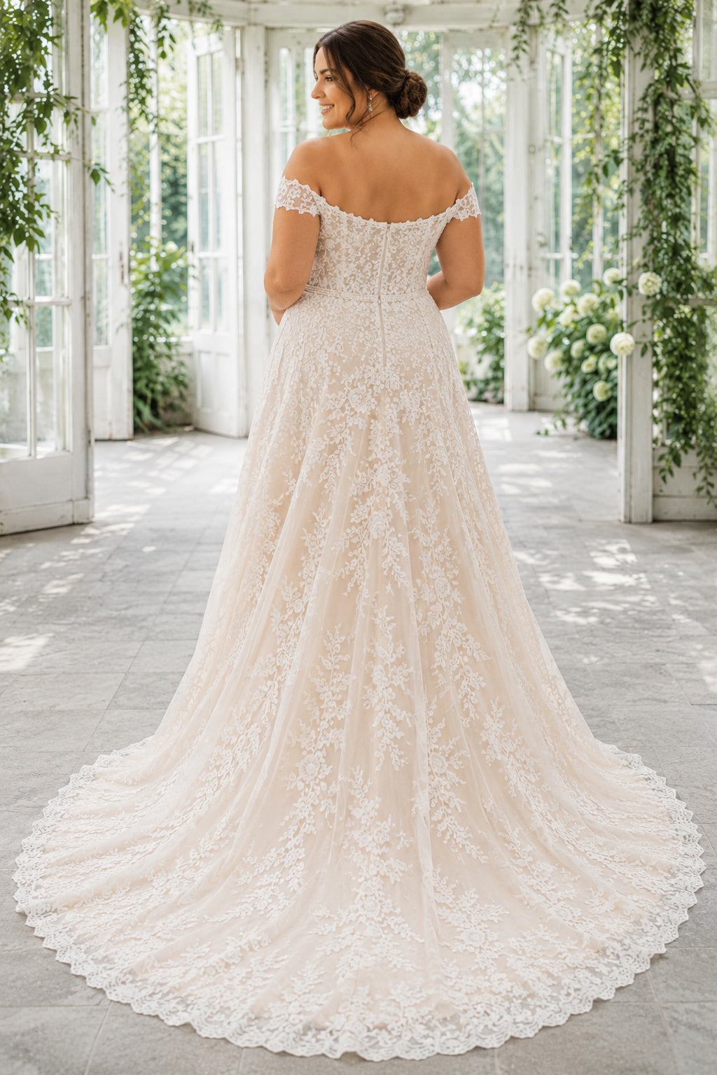 Plus Size Ivory Off-the-Shoulder Sweetheart Cap Sleeve Lace Tulle A-Line Wedding Dress with Beaded Lace Appliques and Chapel