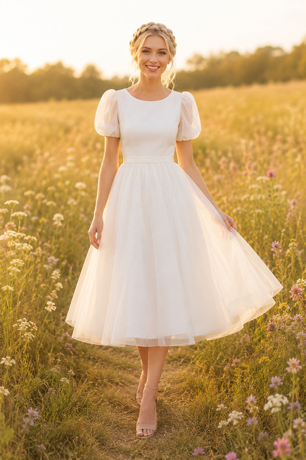 White Puff Sleeve Simple Tulle Dress Tea Length A-Line Wedding Dress with Tulle Detail and Zipper Back front view
