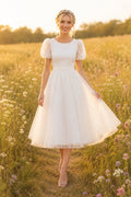 White Puff Sleeve Simple Tulle Dress Tea Length A-Line Wedding Dress with Tulle Detail and Zipper Back front view