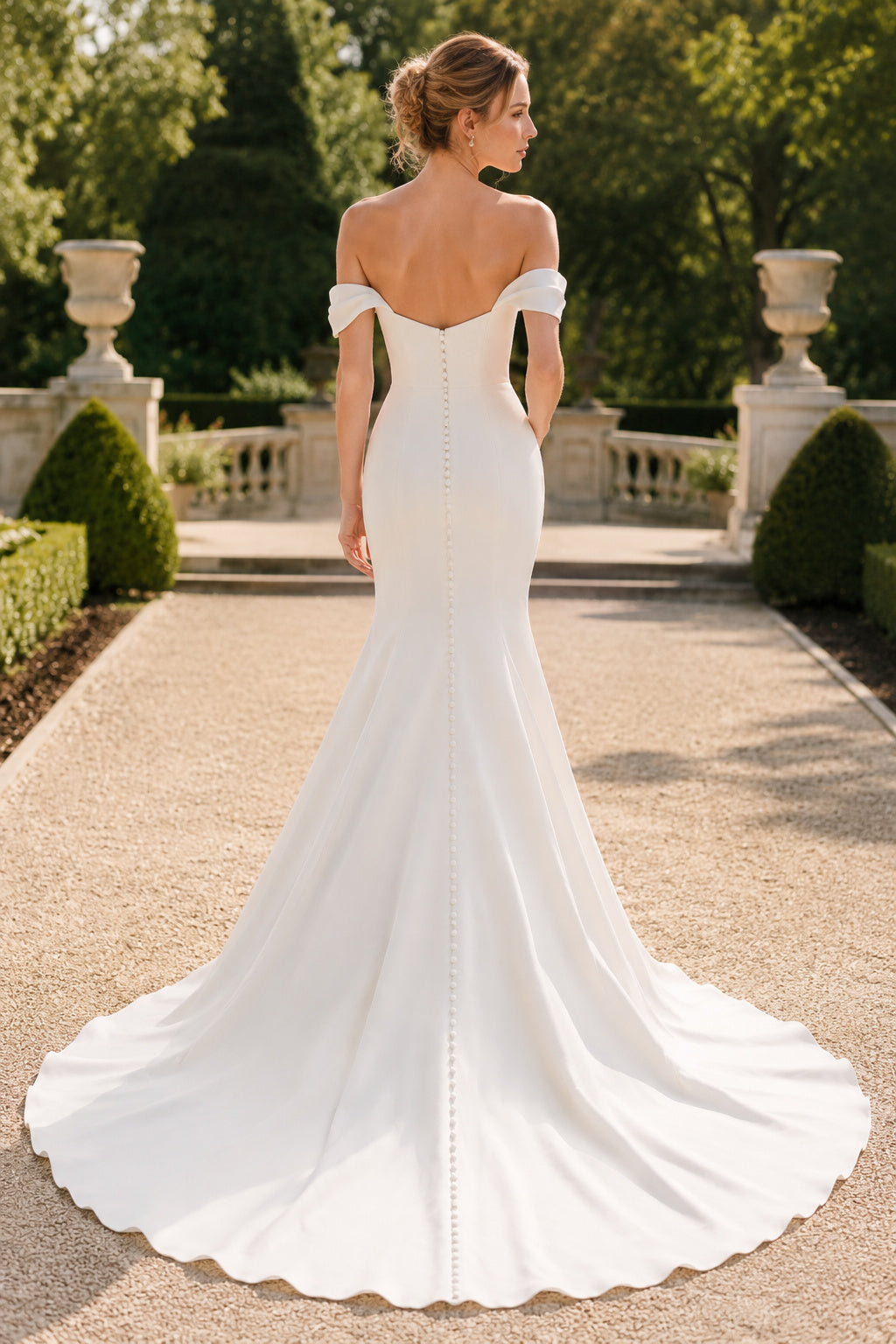 Off-the-Shoulder Satin Mermaid Wedding Dress with Chapel Train back view