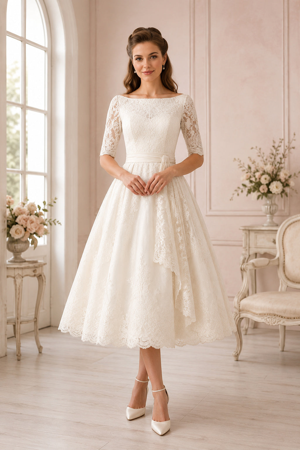 Ivory Bateau Neck Three-Quarter Sleeve Satin Lace Tea-Length Wedding Dress with Three-Quarter Lace Sleeves and Satin Skirt fr