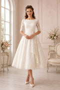 Ivory Bateau Neck Three-Quarter Sleeve Satin Lace Tea-Length Wedding Dress with Three-Quarter Lace Sleeves and Satin Skirt fr