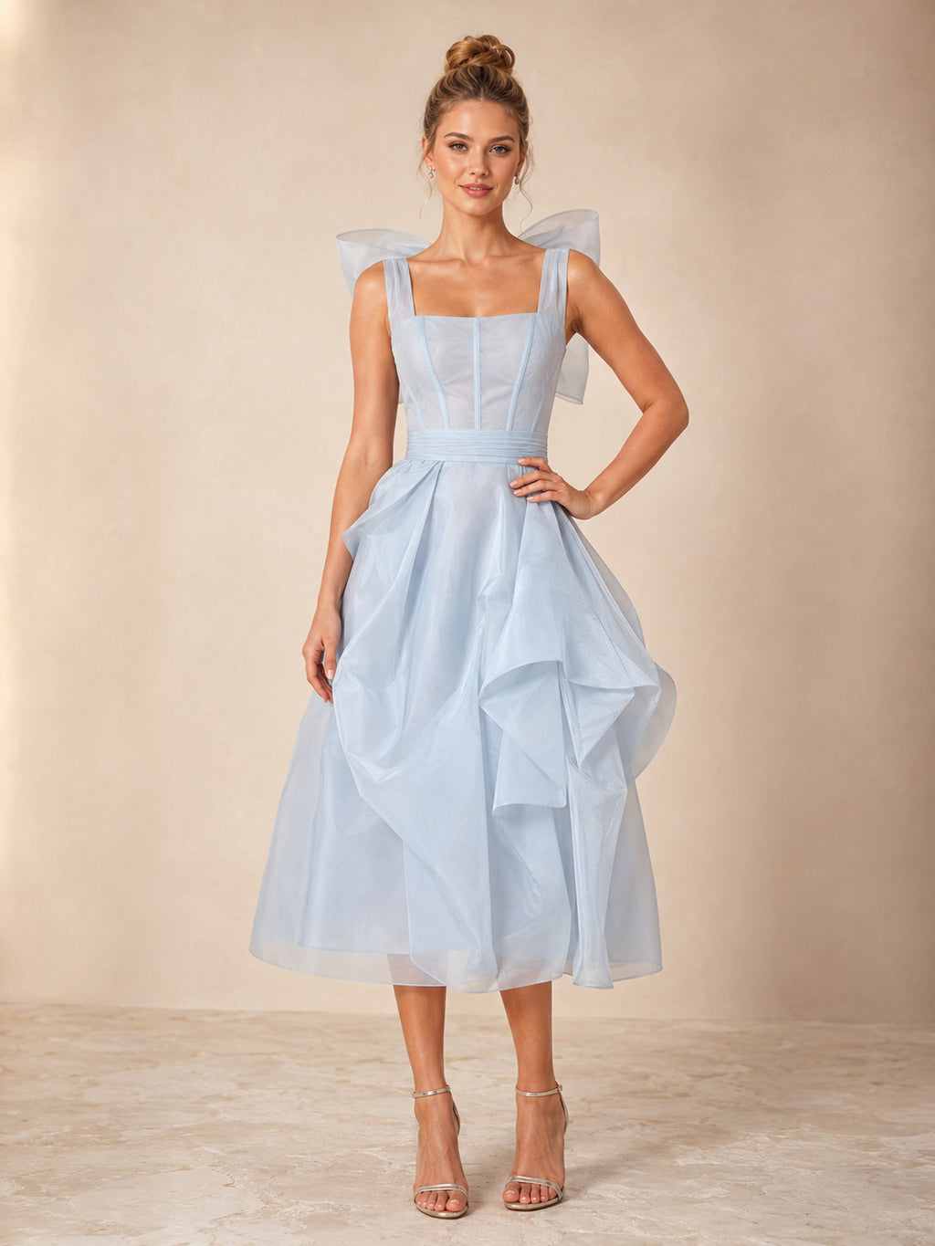 Sky Blue Square Corset Ruffle Organza A Line Guest Dress front view