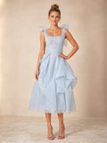 Sky Blue Square Corset Ruffle Organza A Line Guest Dress front view