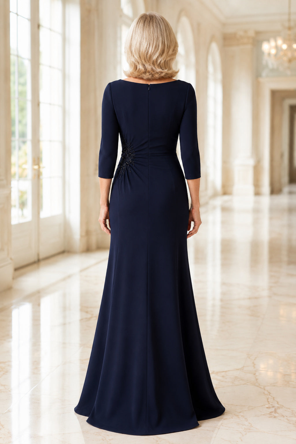 Plus Size Dark Navy Bateau Neck 3/4 Sleeve Sheath Mother Dress with Side Crystal Detail back view