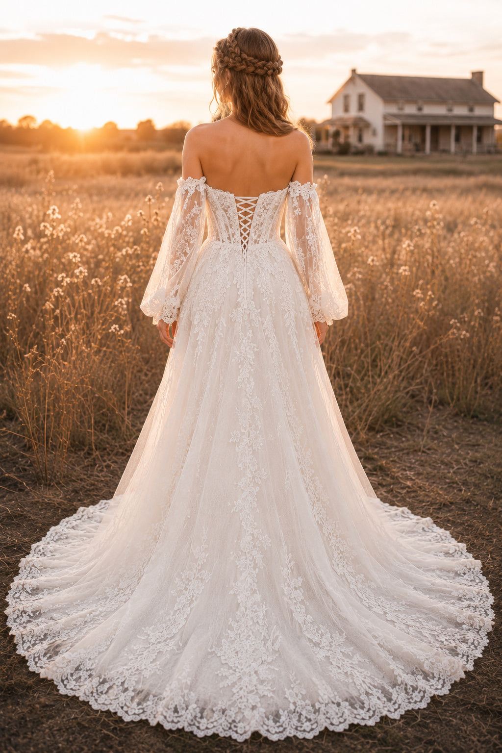 Off the Shoulder Bell Sleeve Wedding Dress with Lace Bodice and Sweep Train for Rustic Garden Ceremony back view