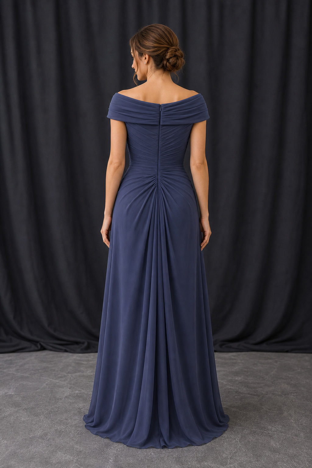Navy Off-the-Shoulder A-Line Chiffon Floor-Length Dress With Ruched Bodice