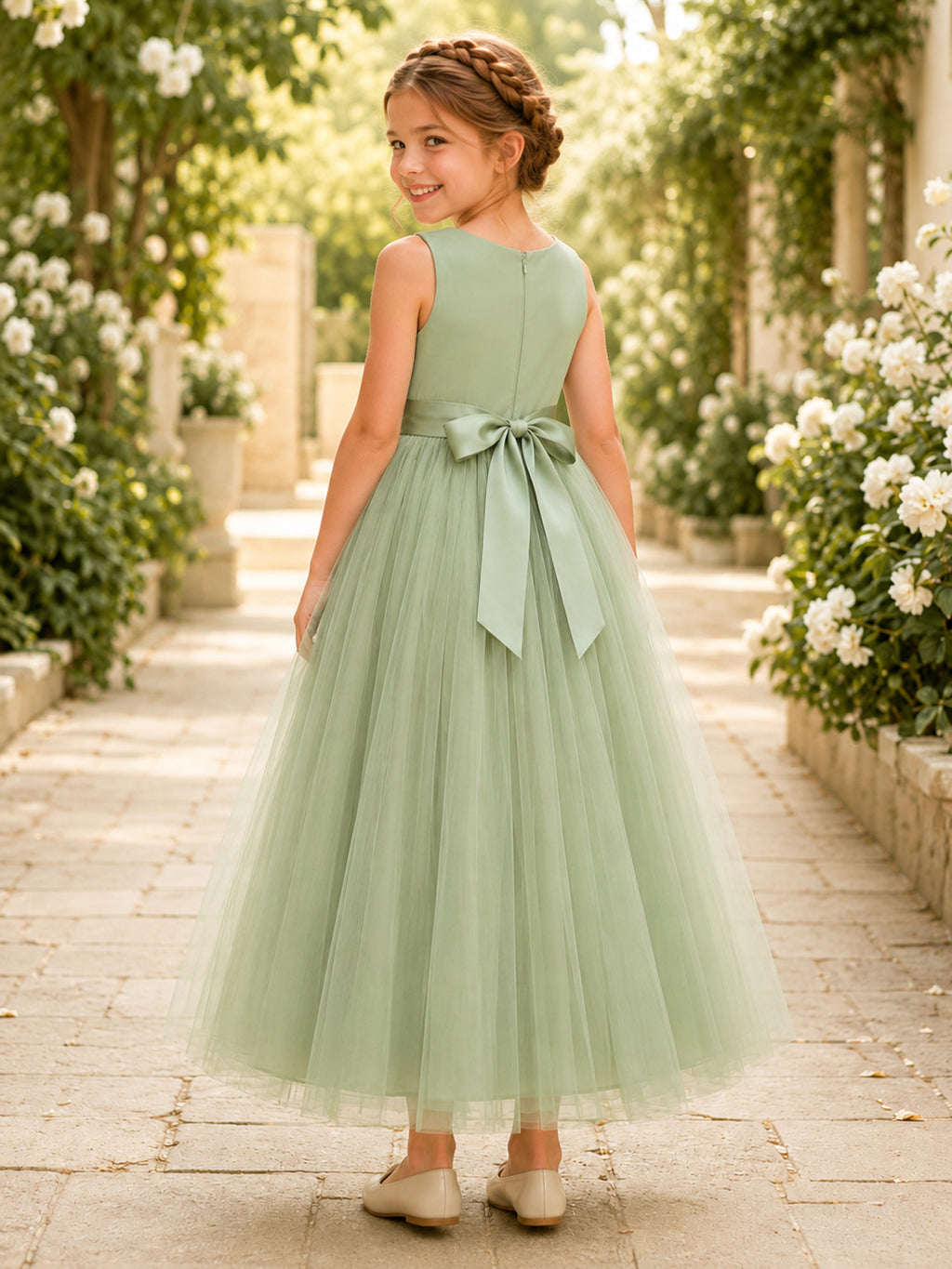 Sage Chiffon A-Line Flower Girl Dress with Satin Sash and Square Neck back view