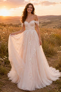 Blushing Pink Off-the-Shoulder Tulle A-Line Wedding Dress with Lace Applique front view