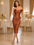 Orange Off-Shoulder Ruched Sequin Bodycon Midi Evening Wedding Guest Dress front view