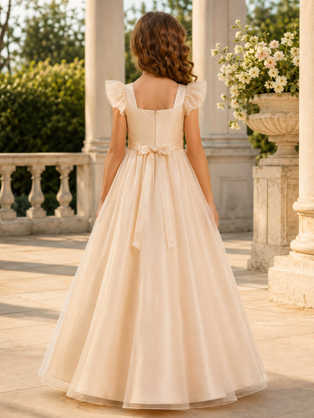 Champagne Cap Sleeve Satin A-Line Flower Girl Dress with square Neckline and Floor length Skirt with Bow Detail back view