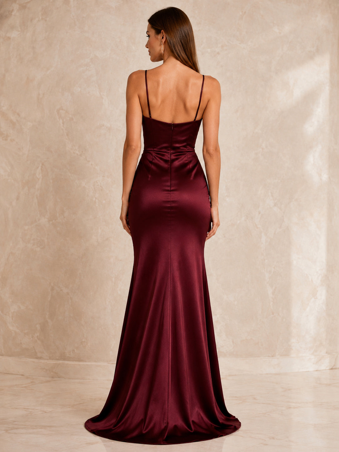 Burgundy Cowl Neck Satin Mermaid Formal Dress back view